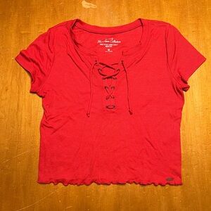 Hollister Red Ribbed Top with Lettuce Edging and a Lace Up Neck